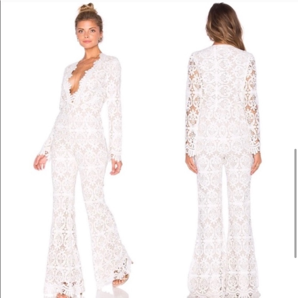 Stone Cold Fox White Crochet Lace Flare Jumpsuit with Deep V